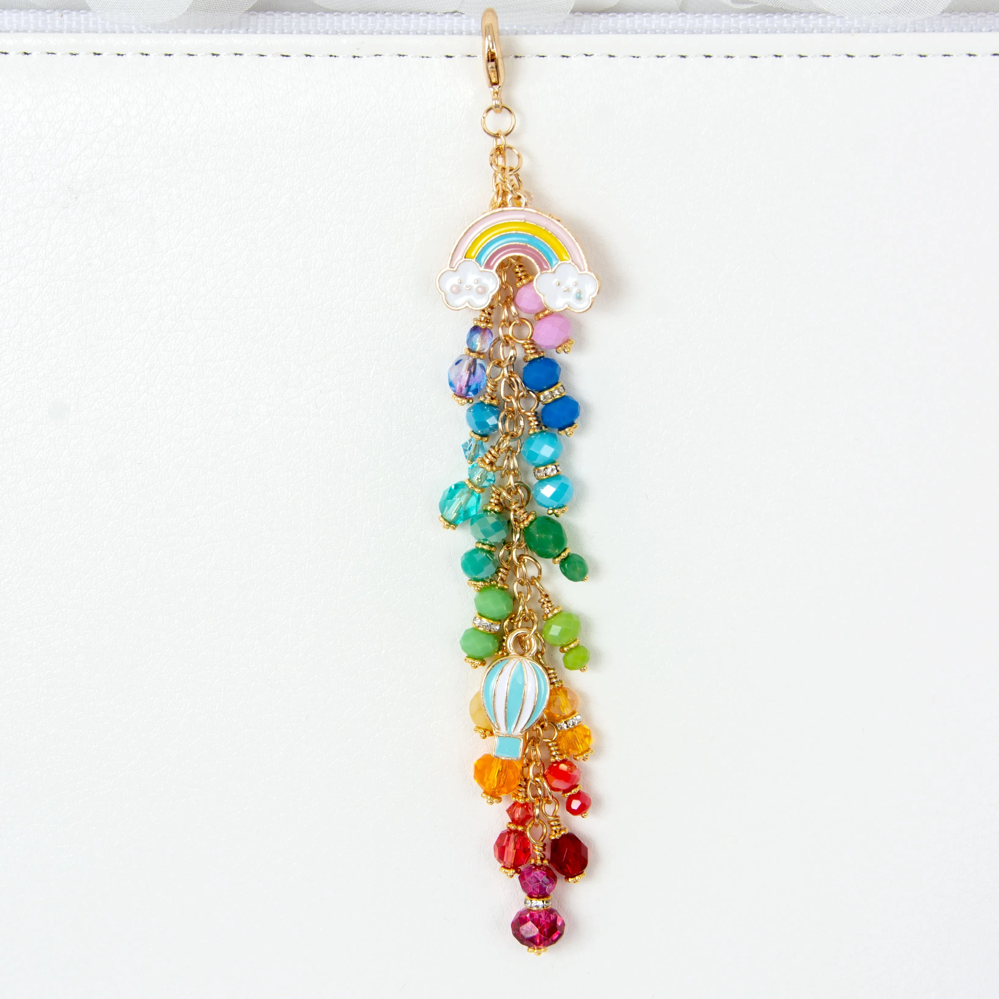 Rainbow and Hot Air Balloon Planner Charm with Rainbow Dangle and Gold Toned Hardware