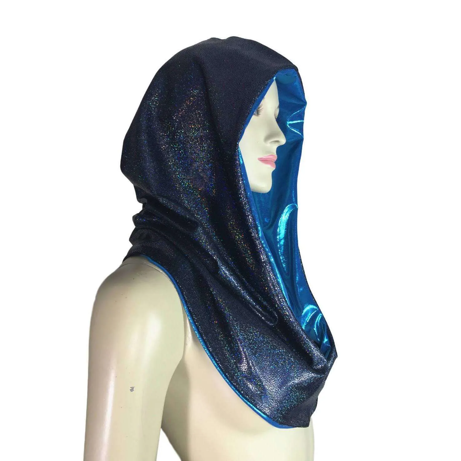 Reversible Black & Blue Holographic Rave Hood