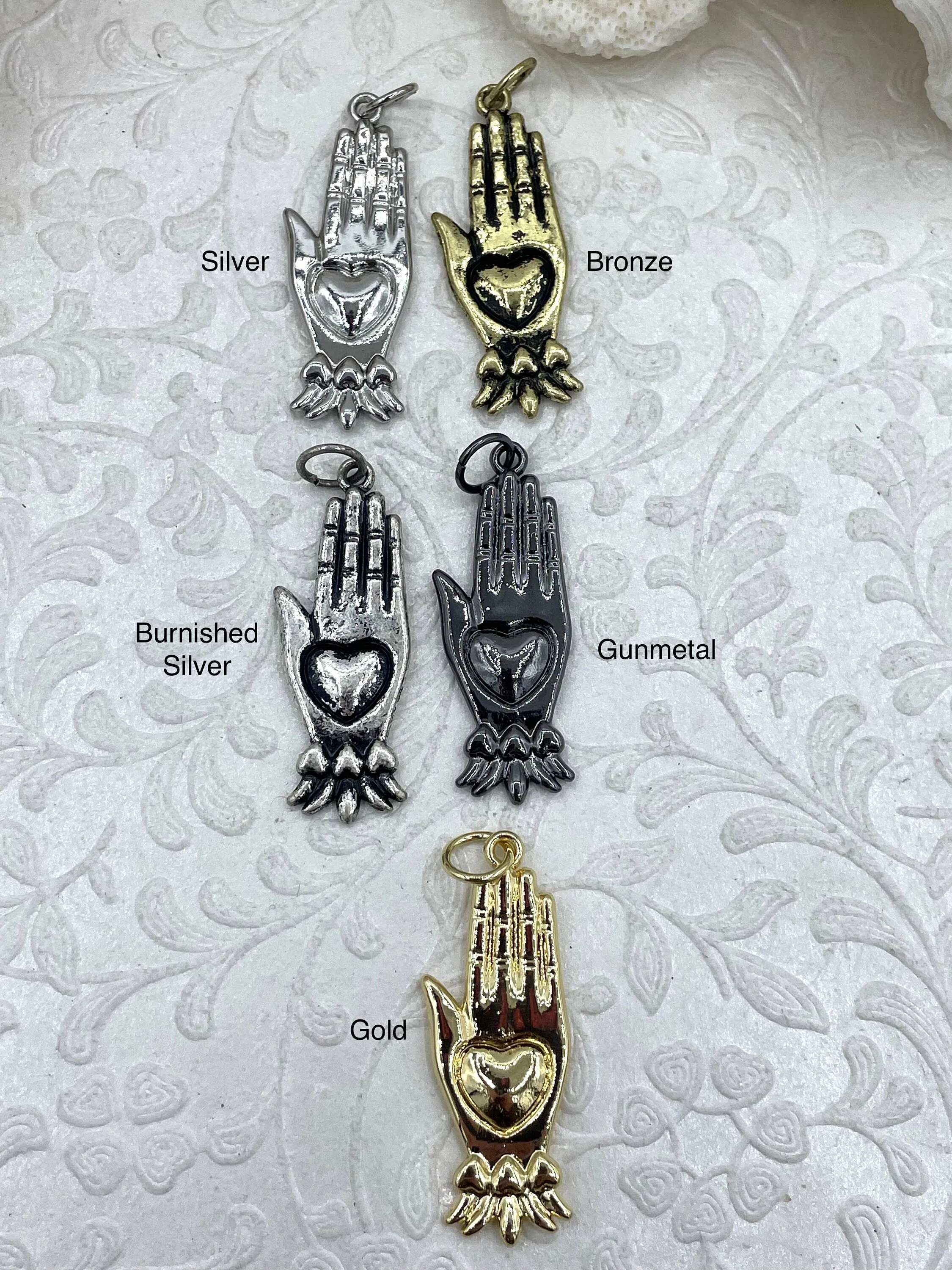 Sacred Heart Pendants, Heart Charms, Hand Charms, Hand Pendant, Love Charm, 7 finishes, 40mm x 16mm, 3mm thick, Zinc Alloy, Plated Fast Ship