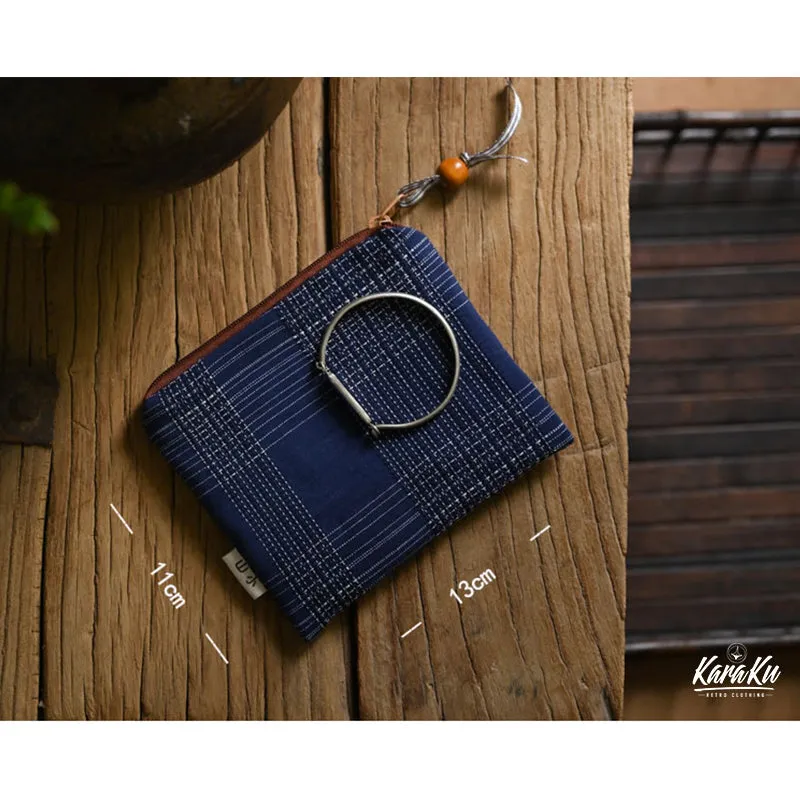 Stripe & Check Pattern Linen Coin Purse