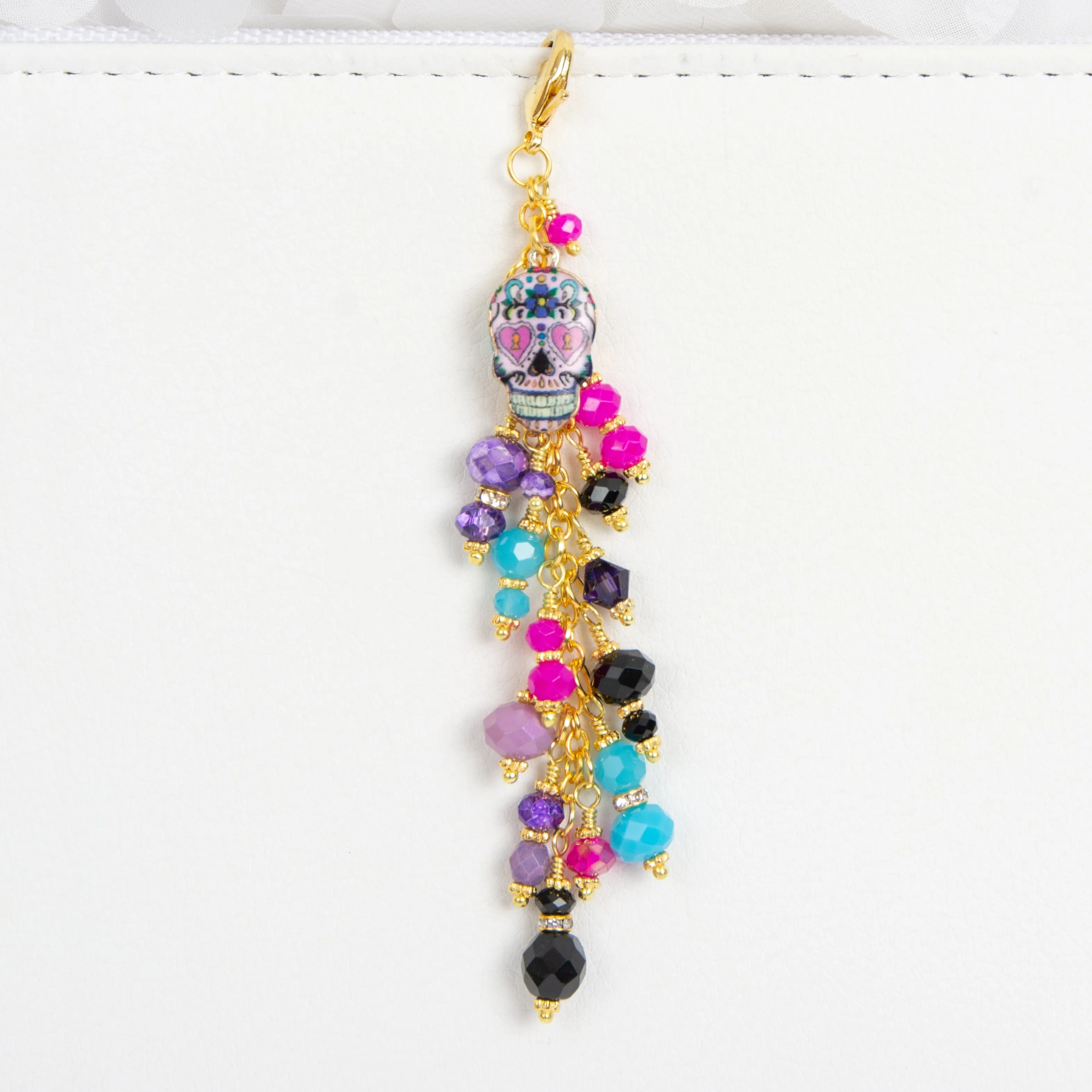 Sugar Skull Planner Charm with Purple, Pink, Turquoise and Black Crystal Dangle