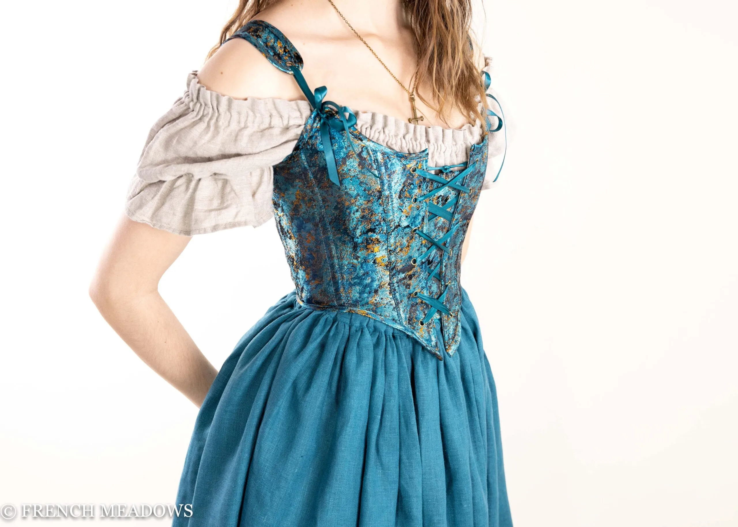 Teal and Metallic Gold Renaissance Bodice