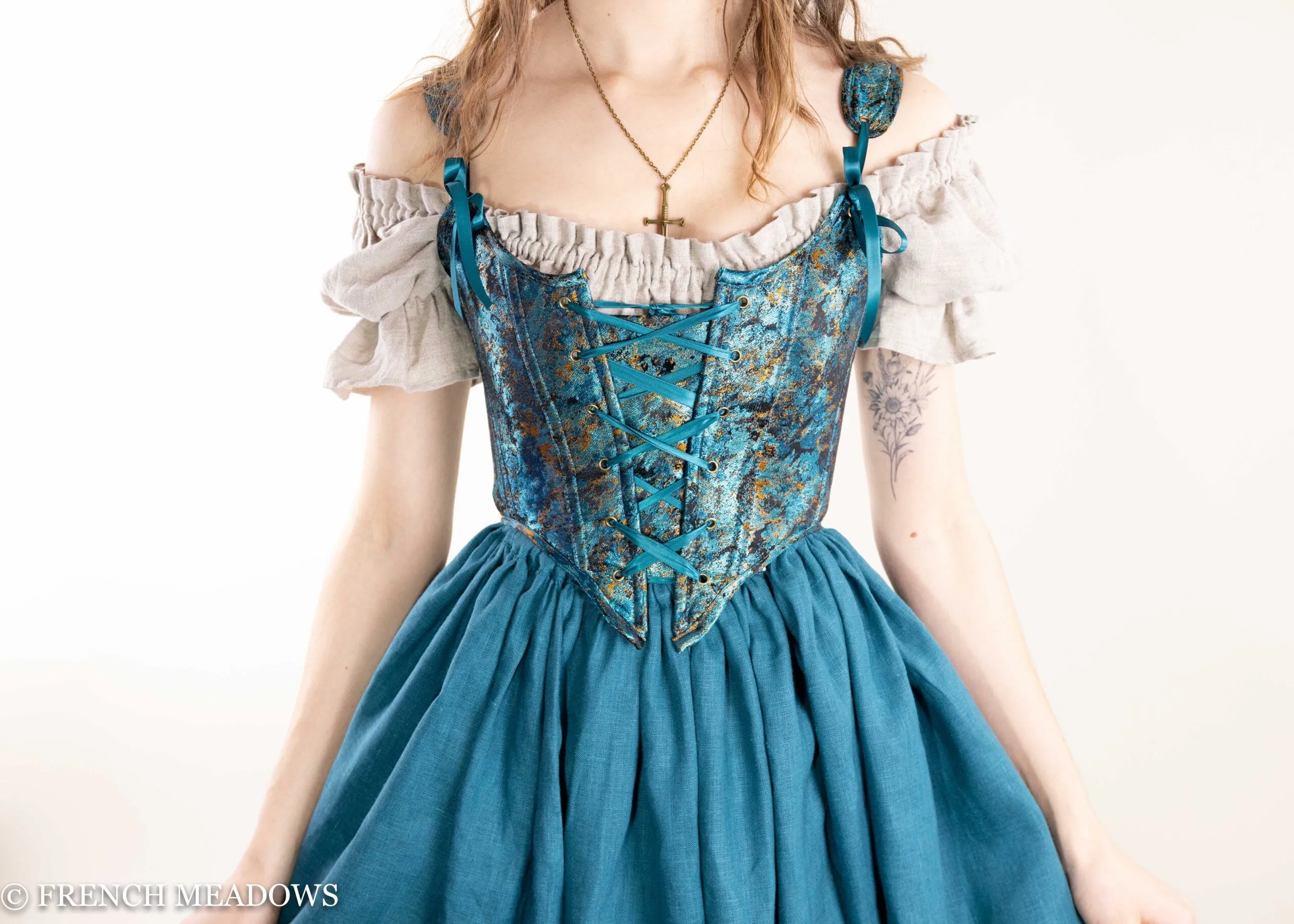 Teal and Metallic Gold Renaissance Bodice