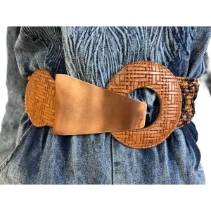 Vintage 80s Belt Solid Copper Buckle, Basketweave Leather and stretch Straw